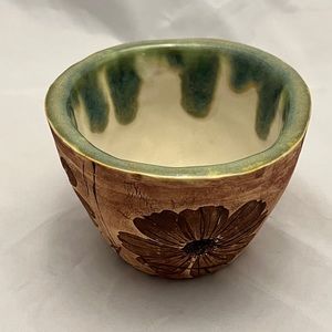 Studio Art Pottery Bowl, Glazed Inside, Impressed Flowers On Outside